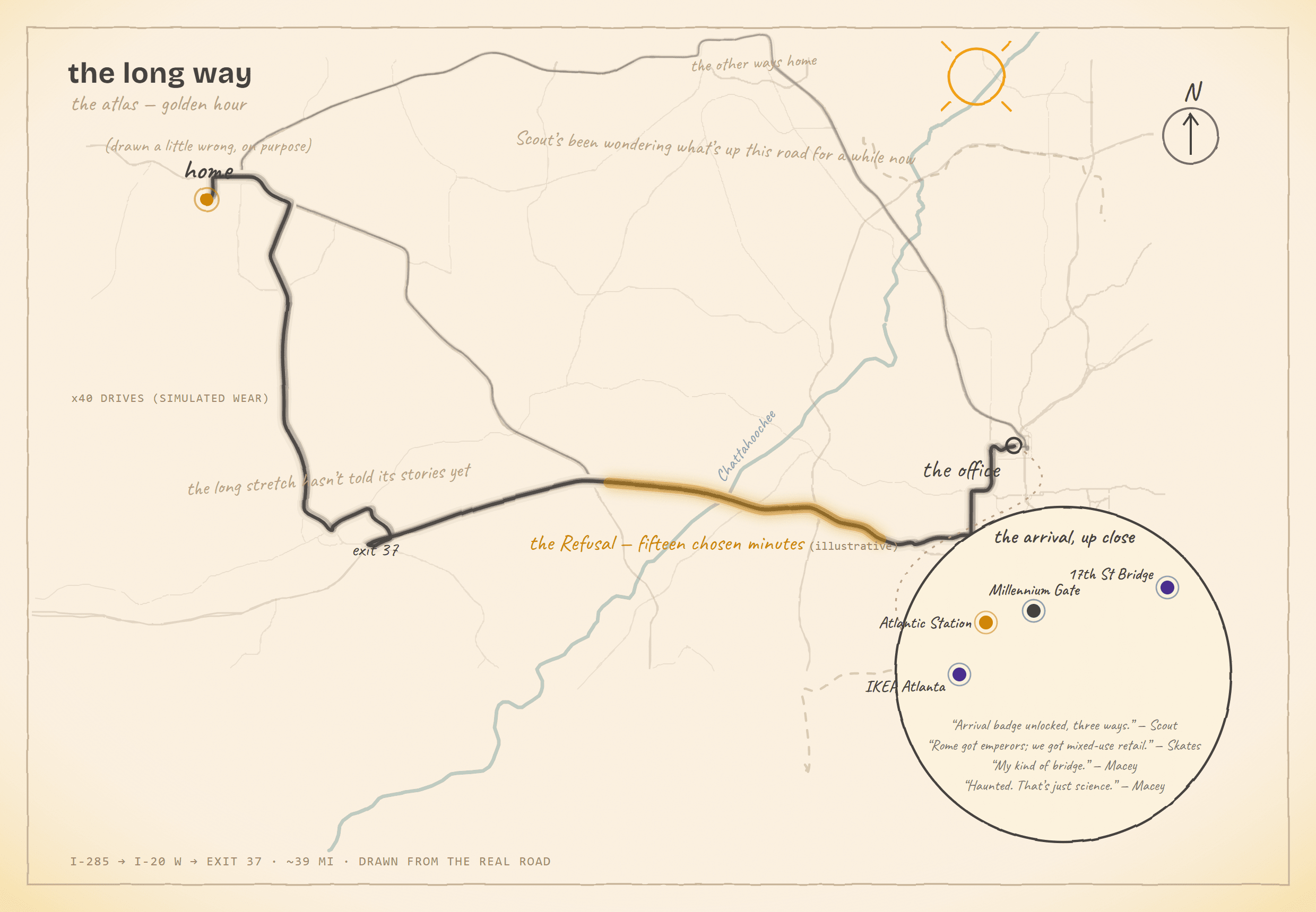 A hand-drawn parchment map of one commute: a dark worn line for the usual way home, lighter braided lines for the other ways, dashed roads never driven, a river in soft teal, and four small landmarks the crew has stories about.